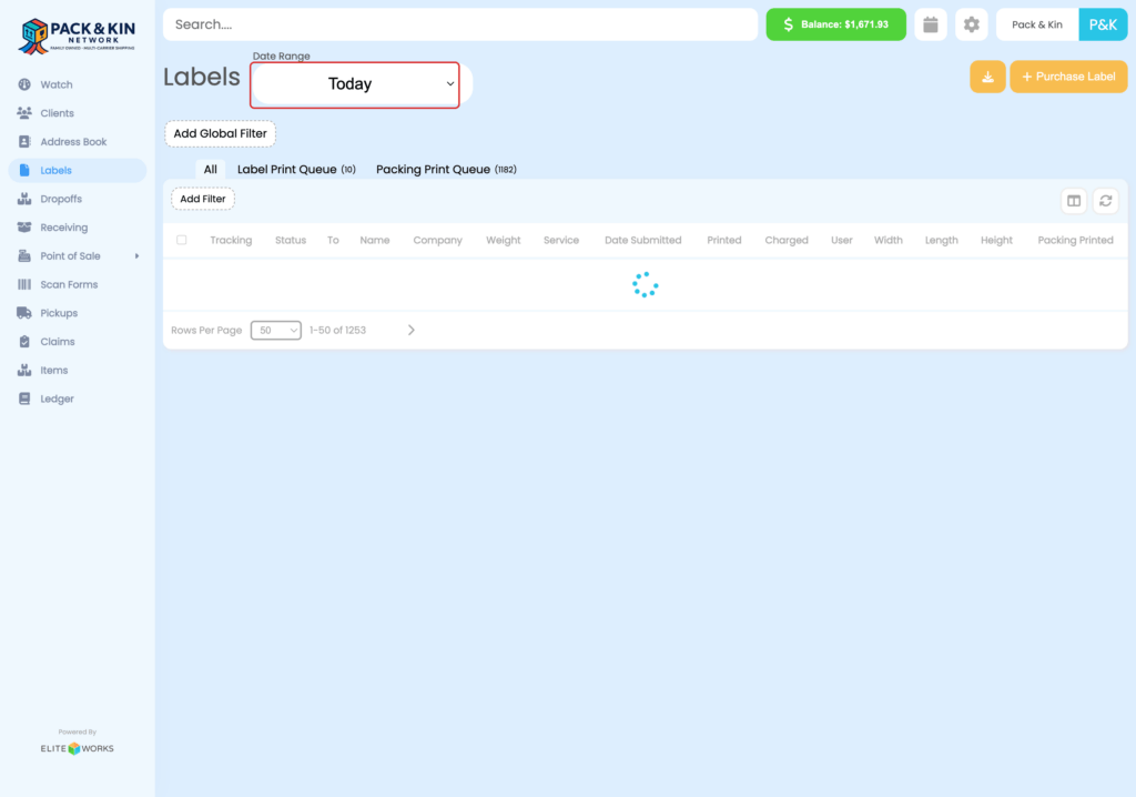 Pack and Kin Homescreen with Date Range filter selected.