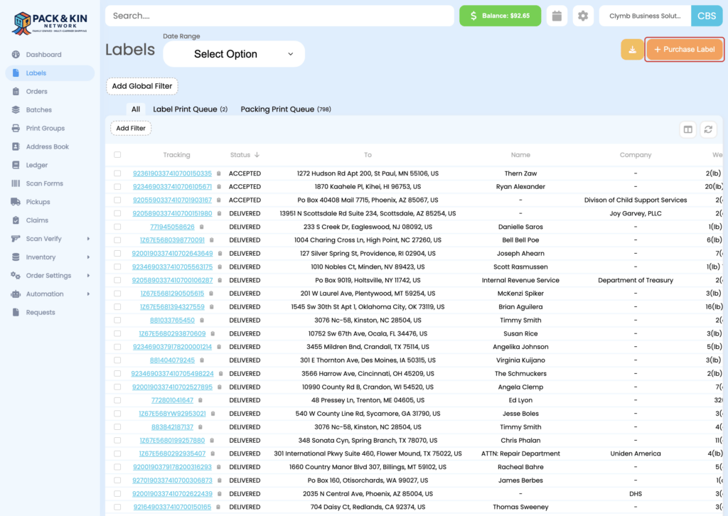 Pack and Kin Label Homepage - purchase label highlighted.