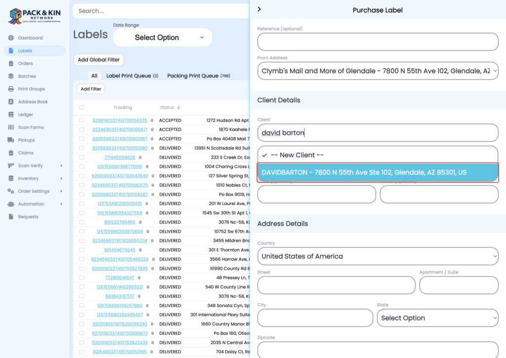 Pack and Kin Purchase Label - Client Details