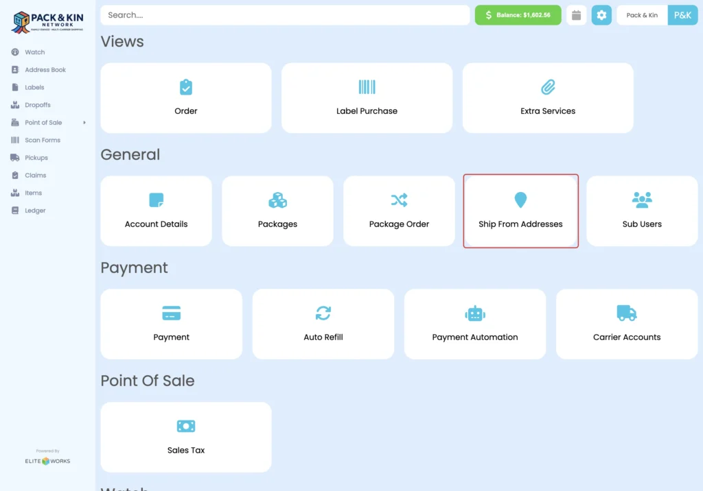 Pack and Kin settings menu
