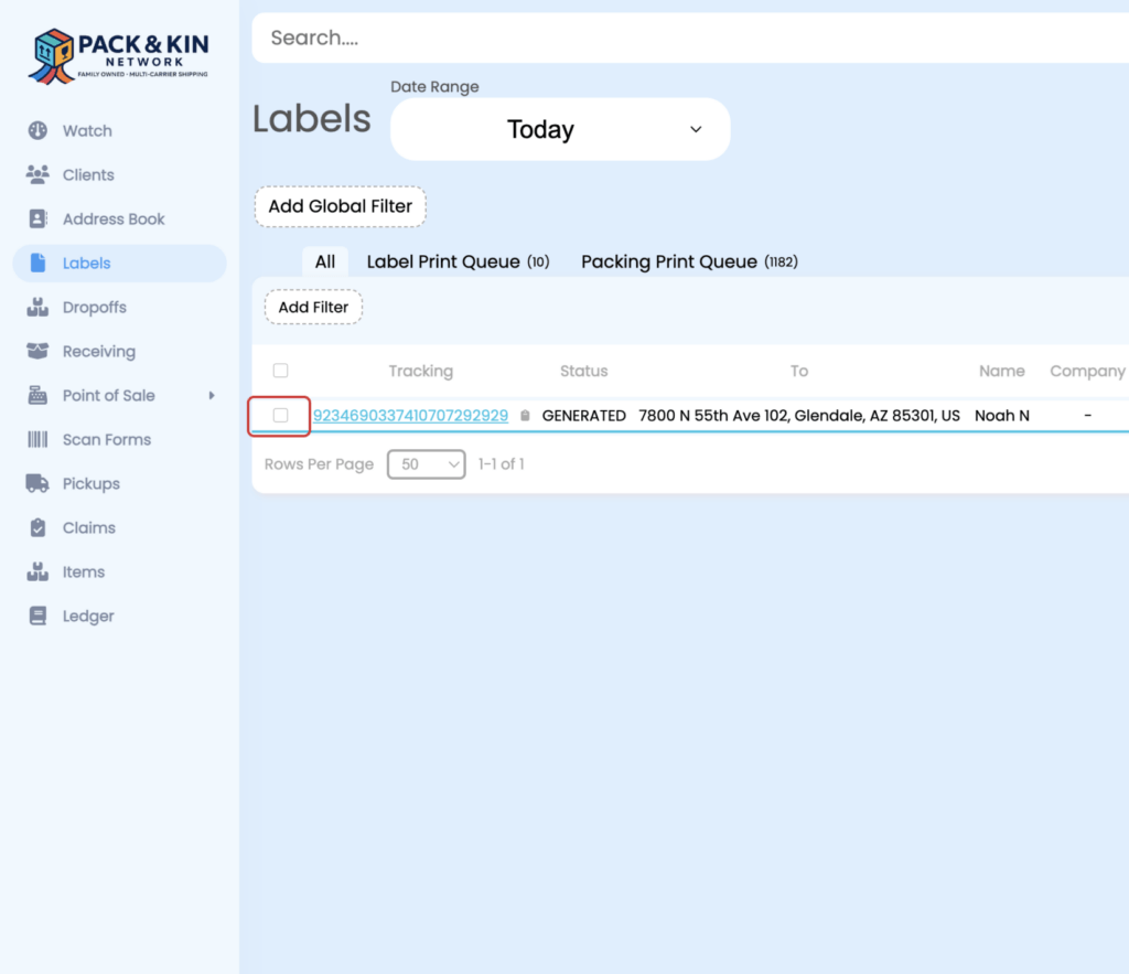Pack & Kin Generated Label List for Today Screenshot