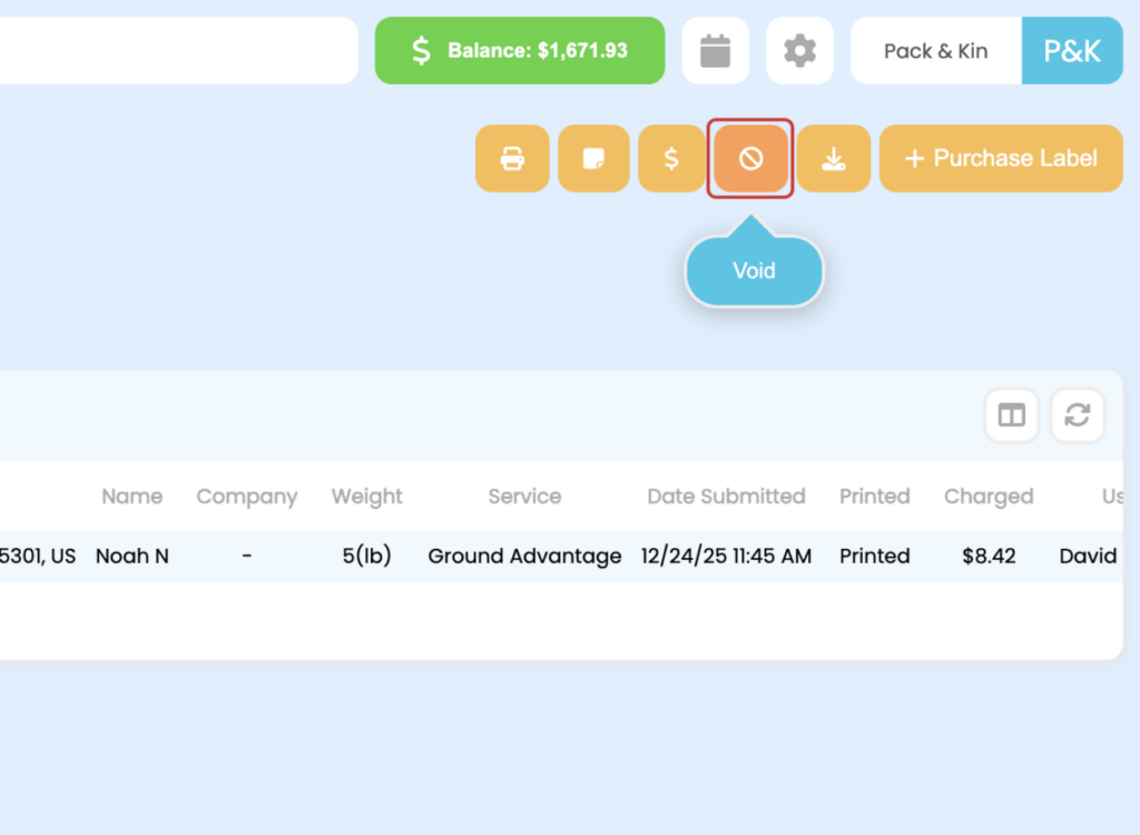 Void Shipment button highlighted and selected on Pack & Kin software.