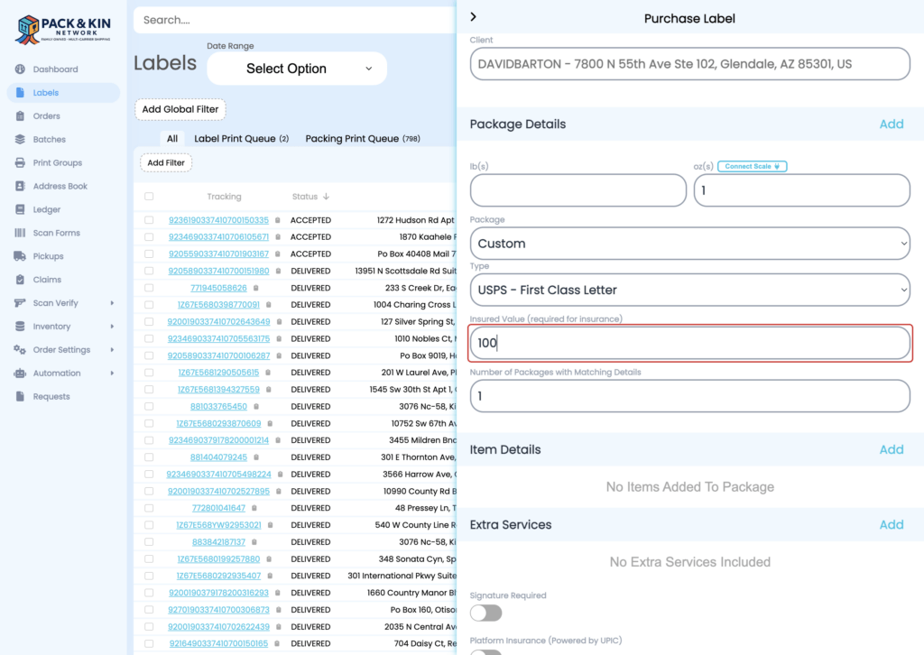 Pack and Kin Purchase Label - Insurance Valuation