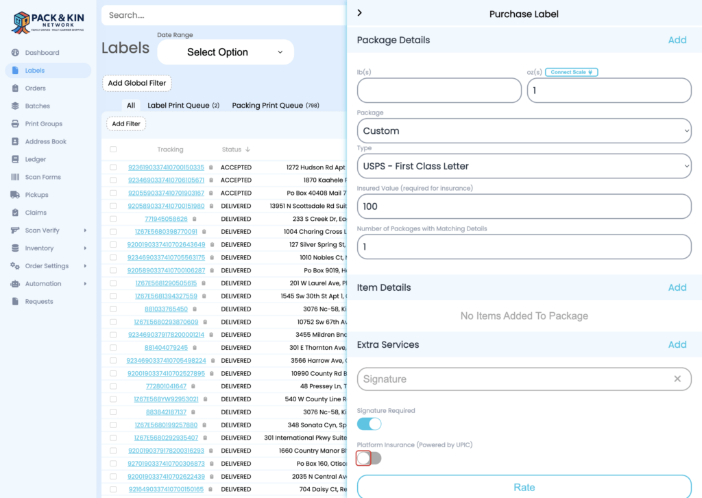 Pack and Kin Purchase a Label - Add Pack and Kin Insurance Protections