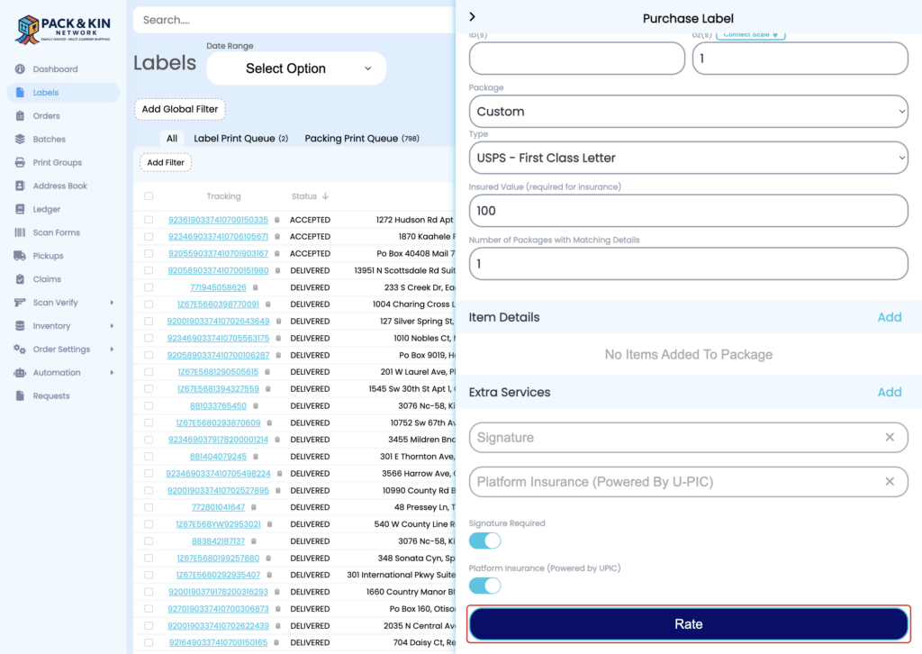 Pack & Kin Purchase a Label Window - Rate Button Highlighted