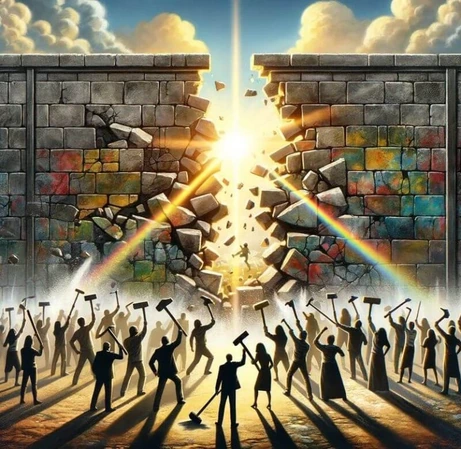 image of people breaking through a proverbial wall/glass ceiling to join Pack & Kin