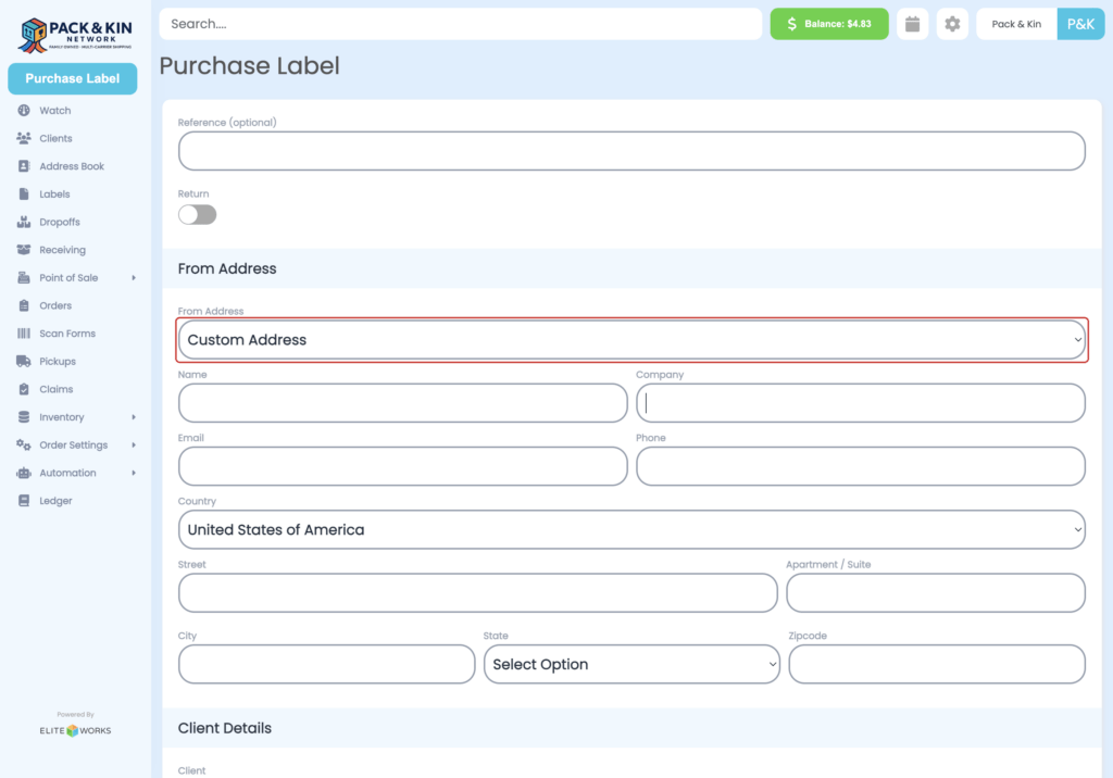 Purchase a Label Homepage Interface