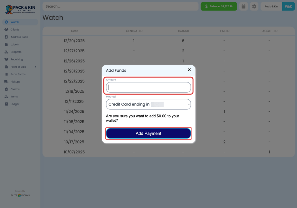 Pack and Kin Add Funds Window.