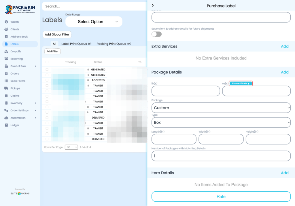 Pack and Kin Software Purchase Label Interface Screen.