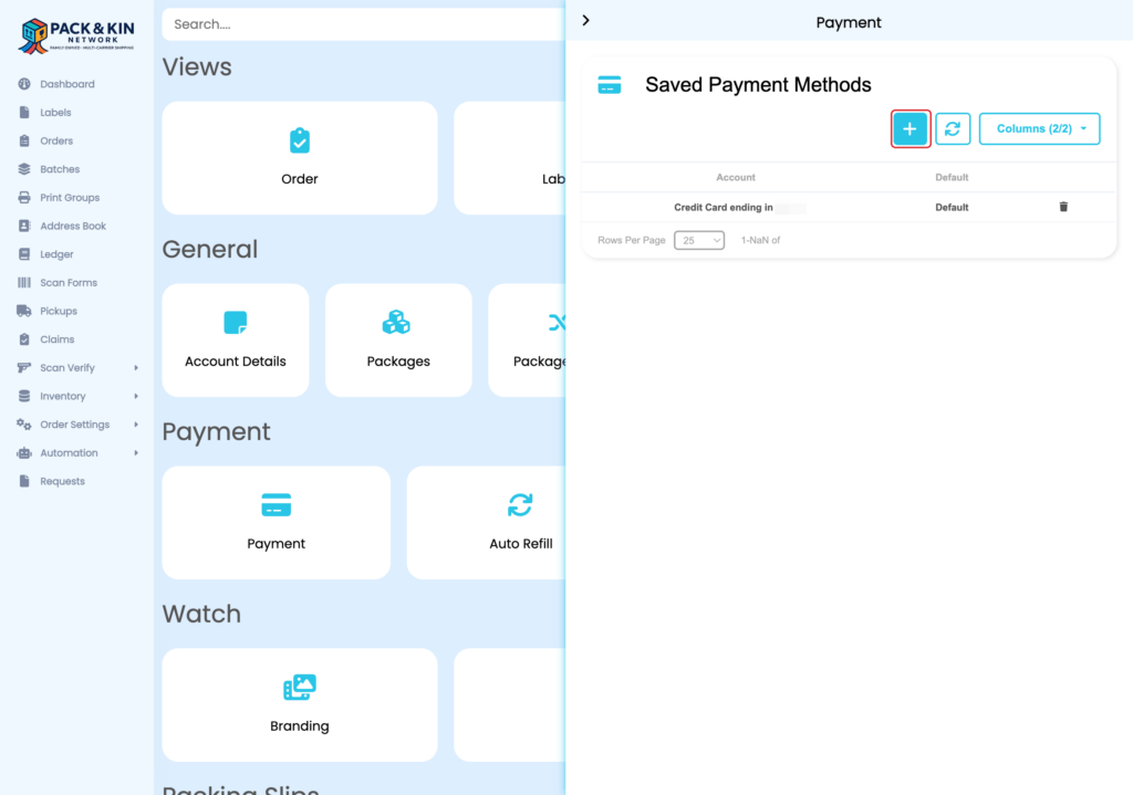 Pack and Kin Add Payment Interface - Saved Payments Interface