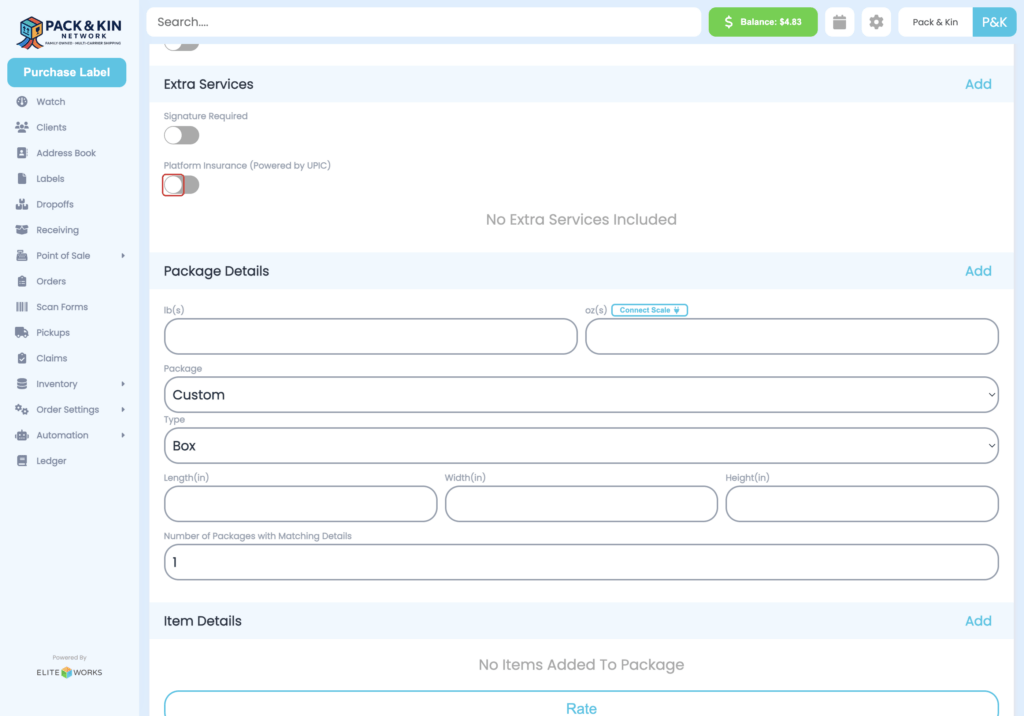 Purchase a Label Homepage Interface Insurance Toggle