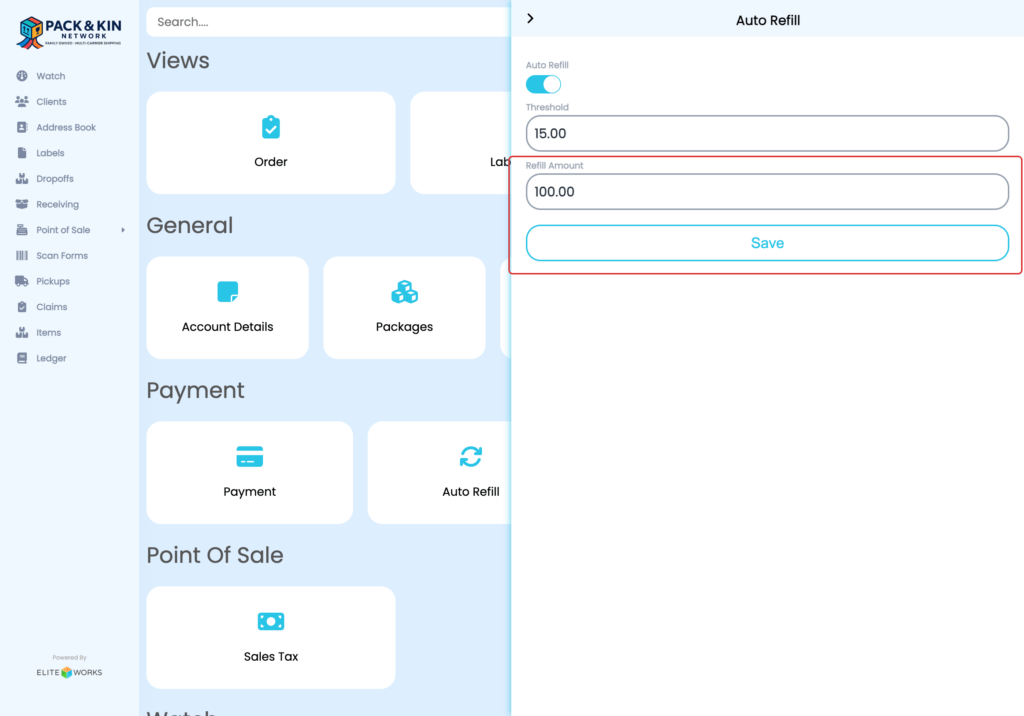 Pack and Kin Auto Refill Menu Interface.