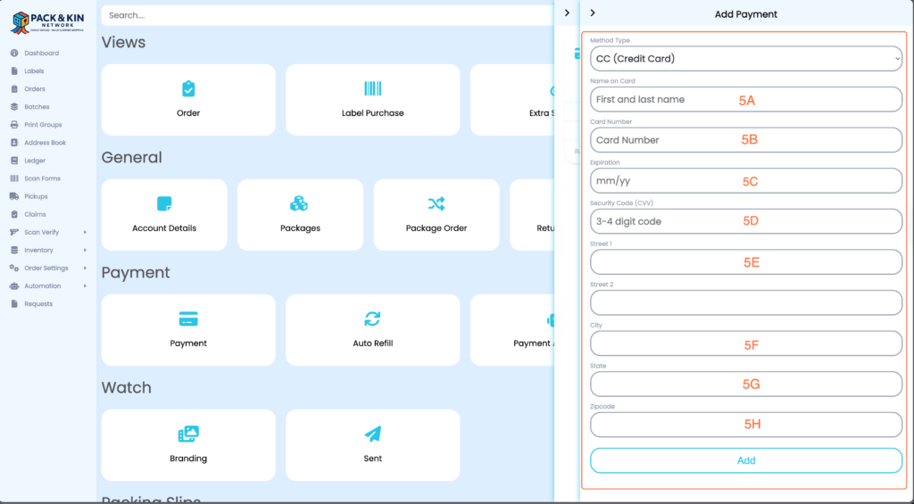Pack and Kin Add Payment Interface - Credit Card Payments