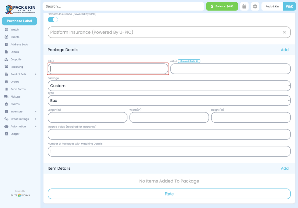Purchase a Label Homepage Interface - Package Dimensions Interface