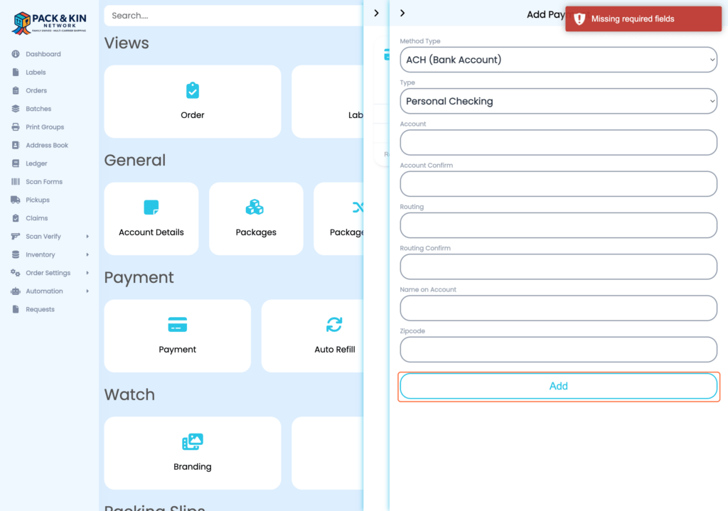 Pack and Kin Add Payment Interface.