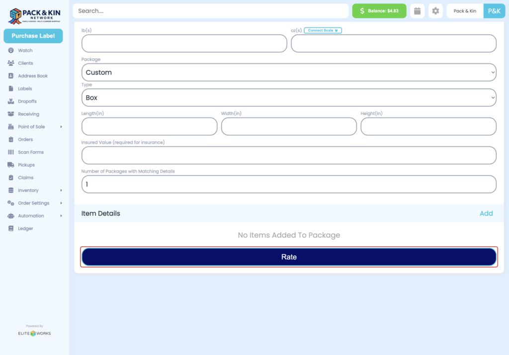 Purchase a Label Homepage Interface Rate button.