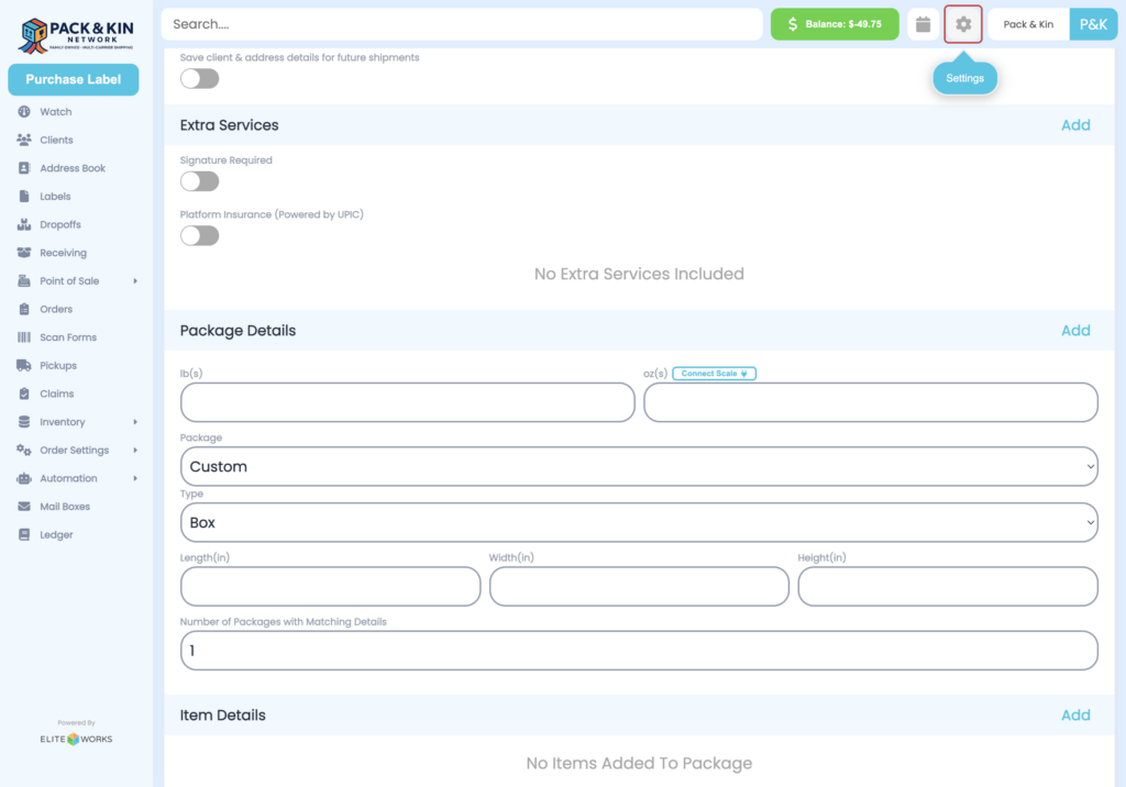 Pack and Kin Homescreen. -settings Icon highlighted