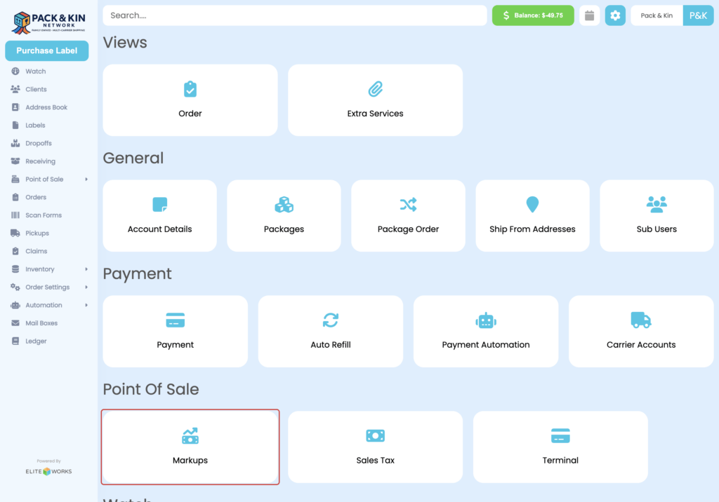 Pack and Kin Service Settings Screen - Markups