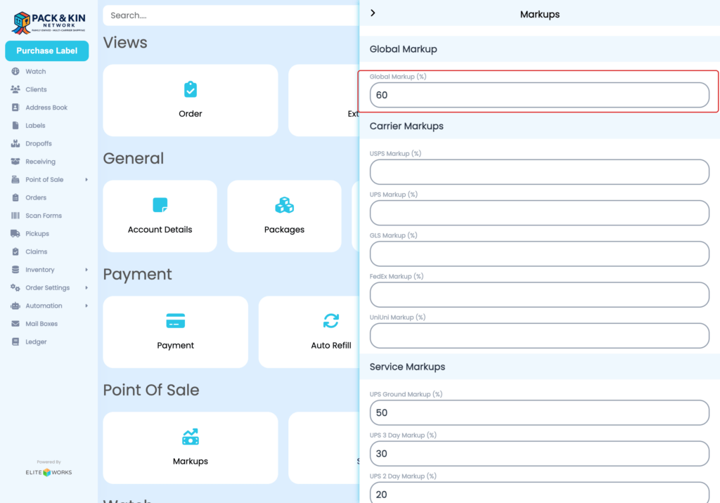 Pack and Kin Service Markup Screen  - Global Markups