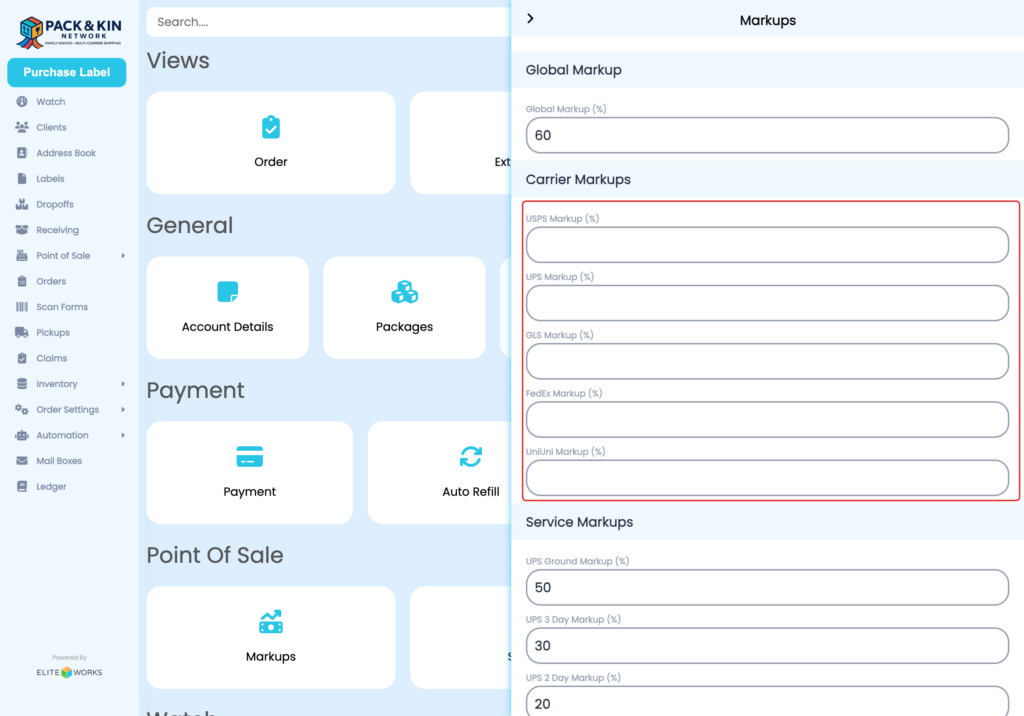 Pack and Kin Service Markup Screen  - Carrier Markups