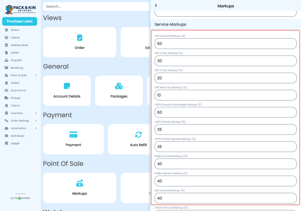 Pack and Kin Service Markup Screen  - Service Markups