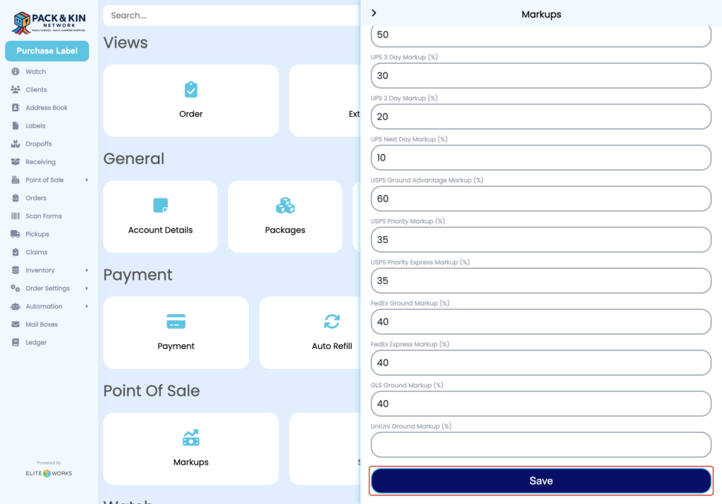 Pack and Kin Service Markup Screen -  Save Button